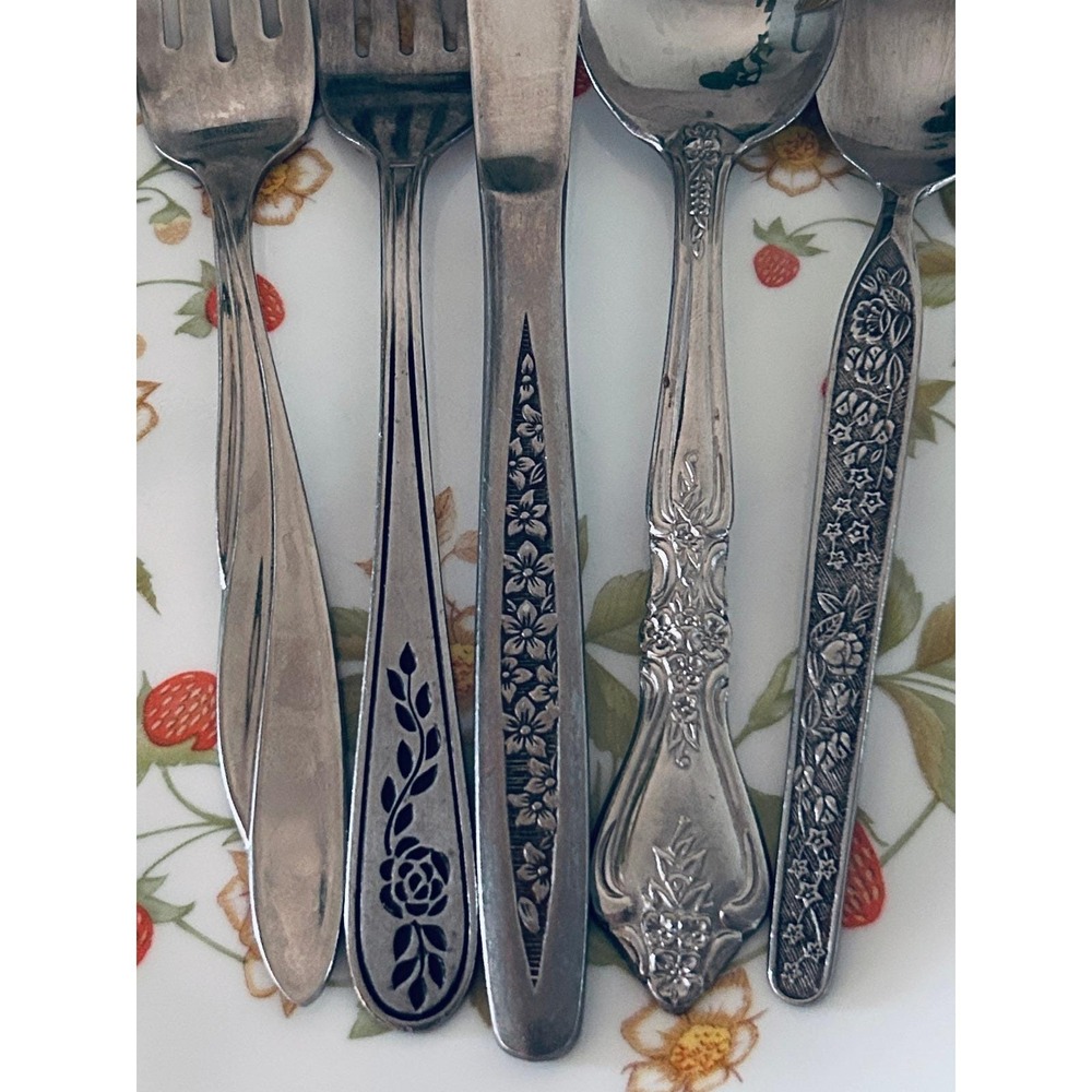 Vintage Mismatched Floral Flatware Set Service for 2 10pc Stainless Steel MCM